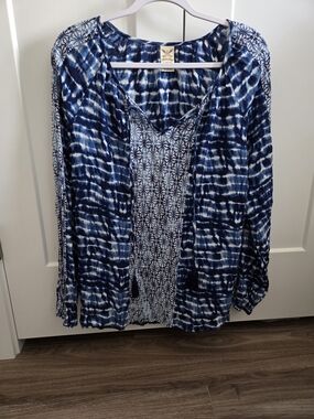 New Faded Glory Navy & White Tie-Dye Peasant Long-Sleeve Top